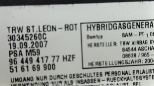 Airbag lateral stanga Peugeot PARTNER 1.6 HDI 9HW 2004-2008 D2-4-4 9644941777 DezP: 15092