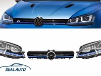 Ansamblu Faruri 3D Semnal Dinamic LED (2 piese) + Grila compatibil cu VW Golf 7 VII (2012-2017) GTE Design Albastru