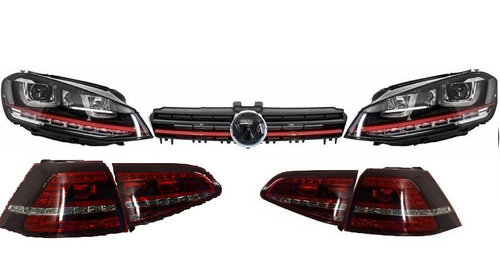 Ansamblu Faruri 3D Semnal LED Stopuri si Grila compatibil cu VW Golf 7 VII (2012-2017) R20 GTI Design Rosu