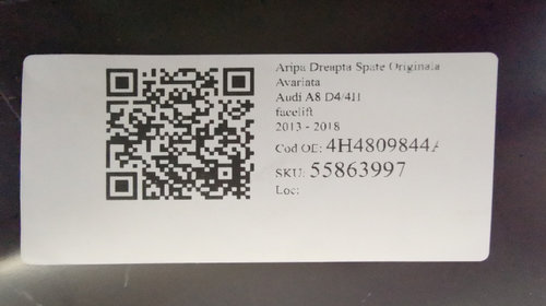 Aripa Dreapta Spate Originala Avariata Audi A8 D4/4H 4H4809844A