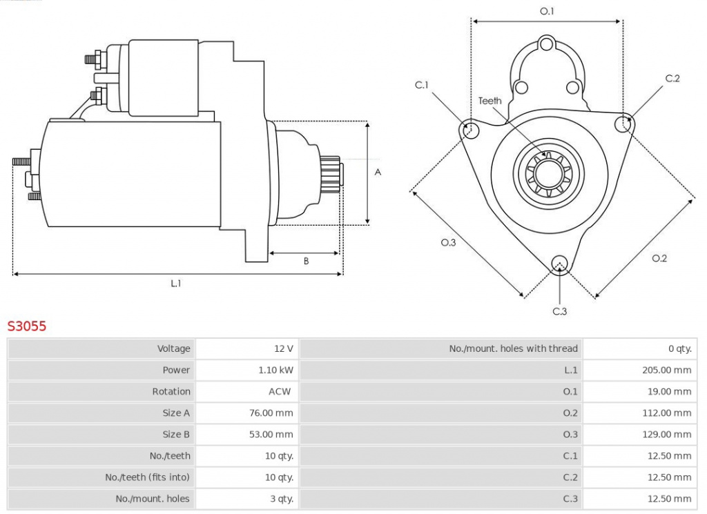 AS-PL starter S3055 model VW EOS (1F7, 1