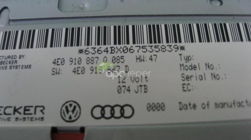 Audi A6 A8 Q7 Mmi 2g Dvd Navigatie Unitate Navigatie Originala 4E0 910 887Q SW: 4E0 919 887D
