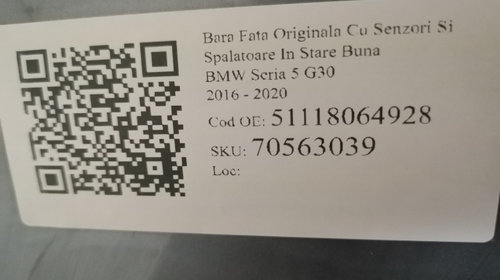 Bara Fata Originala Cu Senzori Si Spalatoare In Stare Buna BMW Seria 5 G30 2016 2017 2018 2019 2020 51118064928