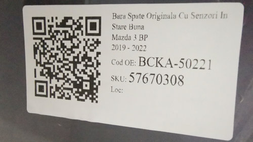 Bara Spate Originala Cu Senzori In Stare Buna Mazda 3 BP 2019 2020 2021 2022 BCKA-50221