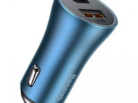 Baseus Golden Contactor Pro Încărcător Rapid USB Pentru Mașină Tip C / USB 40 W Putere De Livrare 3.0 Încărcare Rapidă 4+ SCP FCP AFC Albastru (CCJD-03)