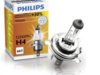 Bec auto cu halogen pentru far Philips Vision +30% H4 12V 60/55W P43t-38 , 1 buc.