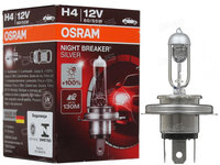 Bec auto halogen H4 OSRAM 12V, 60/55W, Night breaker silver, 1650lm, cu pana 100% mai multa lumina, culoare temperatura 3200K, P43t, 64193NBS, 1 buc.
