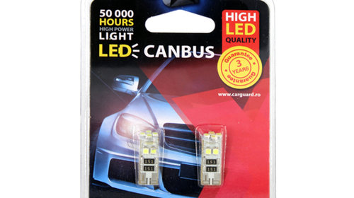 Bec auto led SMD Can Bus Carguard 12V T10 W2.1x9.5d 3W alb , led pozitie 2 buc.