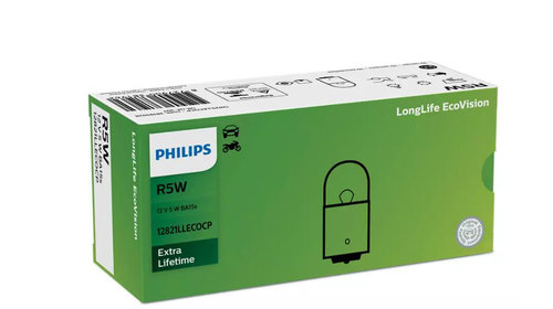 Bec auto Philips Longlife Ecovision 12V 5W G18 BA15S 50 lm, pana la 1250h, alb, pentru pozitie tip cireasa 12821LLECOCP