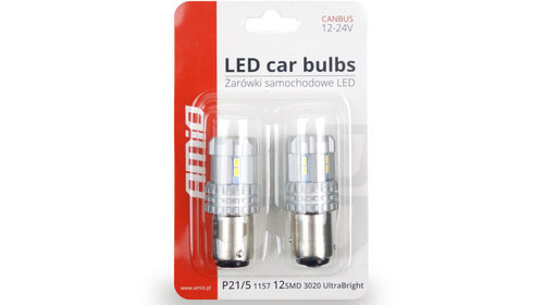 Bec stop frana ciresa auto tip LED UltraBright Canbus R5W, 12V-24V, BA15d P21/5, 12 LED SMD 3020, 2 buc.