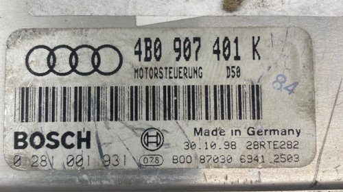 Calculator ECU AUDI A6 II (4B2, 4B4, C5) [ 1997 - 2005 ] TDI (AKE, BAU, BDH, BND) 132KW|180HP OEM 4B0907401K / 4B0 907 401 K