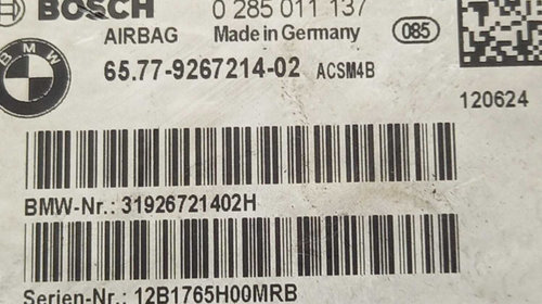 Calculator Modul Airbag BMW Seria 3 F30 F31 F32 F36 2010 - 2019 Cod 9267214 6577926721402 0285011137 [2259]