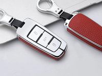 Carcasa aluminiu cu piele rosu pentru cheie smart VW Passat B6 B7 CC
