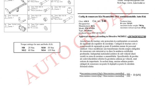 CARLIG REMORCARE KIA PICANTO 2003-2011 COD:T46S