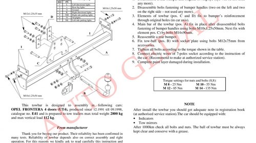 CARLIG REMORCARE OPEL FRONTERA A 1991-1998 COD:E41S