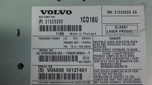 CD Player pentru Volvo V50 , 2004-2012, cod OEM 31328059