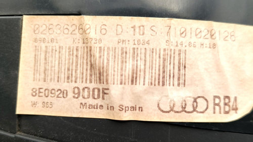 Ceas Bord Europa - Afisaj In Km Audi A4 B6 (8E) 2000 - 2004 8E0920900F, 0263626016, 1036901830, 7101020126