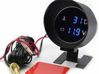 Ceas indicator temperatura apa motor cu sonda si voltmetru digital auto tractor