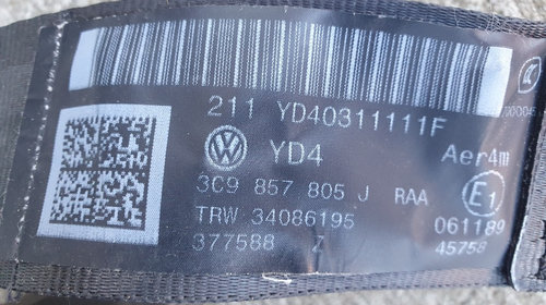 Centura siguranta stanga spate VW Passat B7, 2011, 3C9857805J