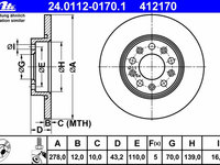 Disc frana 24 0112-0170 1 ATE pentru Alfa romeo Giulietta Alfa romeo Brera Alfa romeo Spider Alfa romeo 159 Fiat 500x