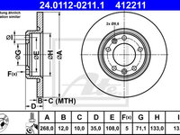 Disc frana 24 0112-0211 1 ATE pentru CitroEn C4 Peugeot 308 Peugeot 3008 Opel Grandland Peugeot Rifter CitroEn Grand Opel Combo Peugeot 508 CitroEn Berlingo