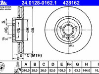 Disc frana 24 0128-0162 1 ATE pentru Volvo V60 Volvo V70 Volvo S80 Ford S-max Volvo Xc70 Volvo S60 Land rover Freelander Land rover Lr2 Ford Galaxy