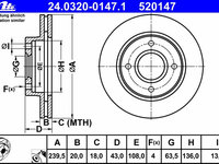 Disc frana 24 0320-0147 1 ATE pentru Ford Fiesta Ford Courier Ford Escort Ford Orion Ford Verona Mazda 121 Mazda Soho Ford Ka Ford Puma