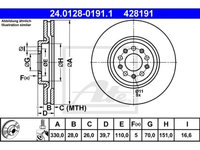 Disc frana Alfa Romeo 159 (939), 06.2005-12.2012, 159 Sportwagon (939), 06.2005-12.2012, Brera (939), 01.2006-05.2011, Giulietta (940), 04.2010-, Spider (939), 03.2006-03.2011, Jeep Cherokee (Kl), 06.2013-, ATE 24012801911