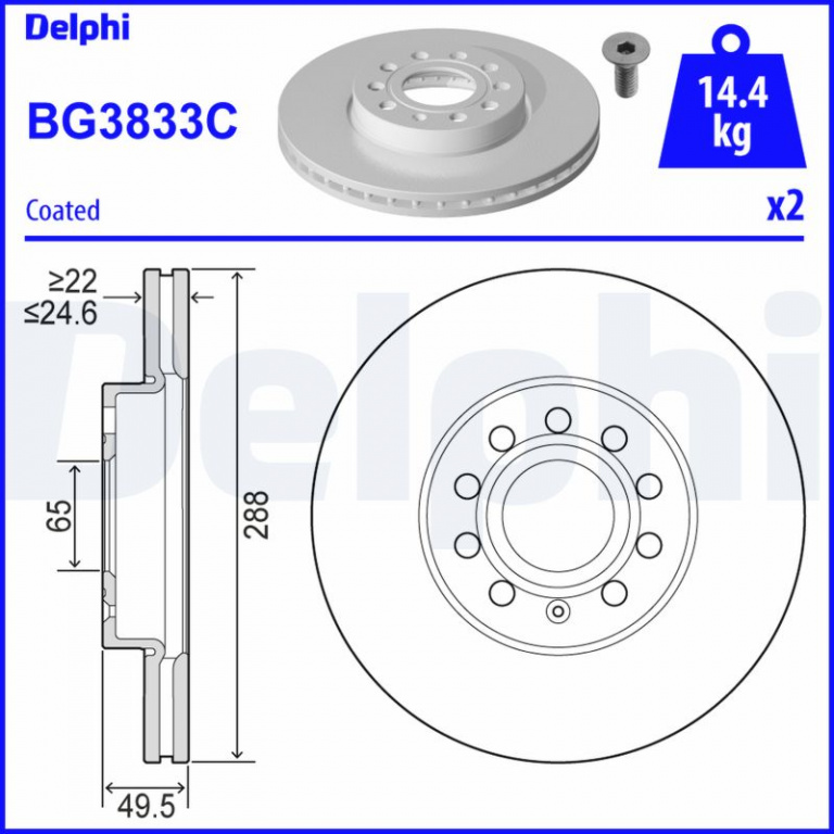 Disc frana DELPHI BG3833C compatibil cu VW CADDY III microbus (2KB, 2KJ, 2CB, 2CJ) 2004 2005 2006 2007 2008 2009 2010 2011 2012 2013 2014 2015