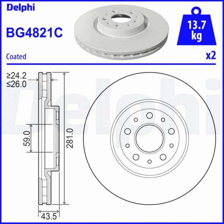 Disc frana DELPHI BG4821C la FIAT TIPO hatchback (356_, 357_) 2016 2017 2018 2019 2020 2021 2022 2023 2024 2025