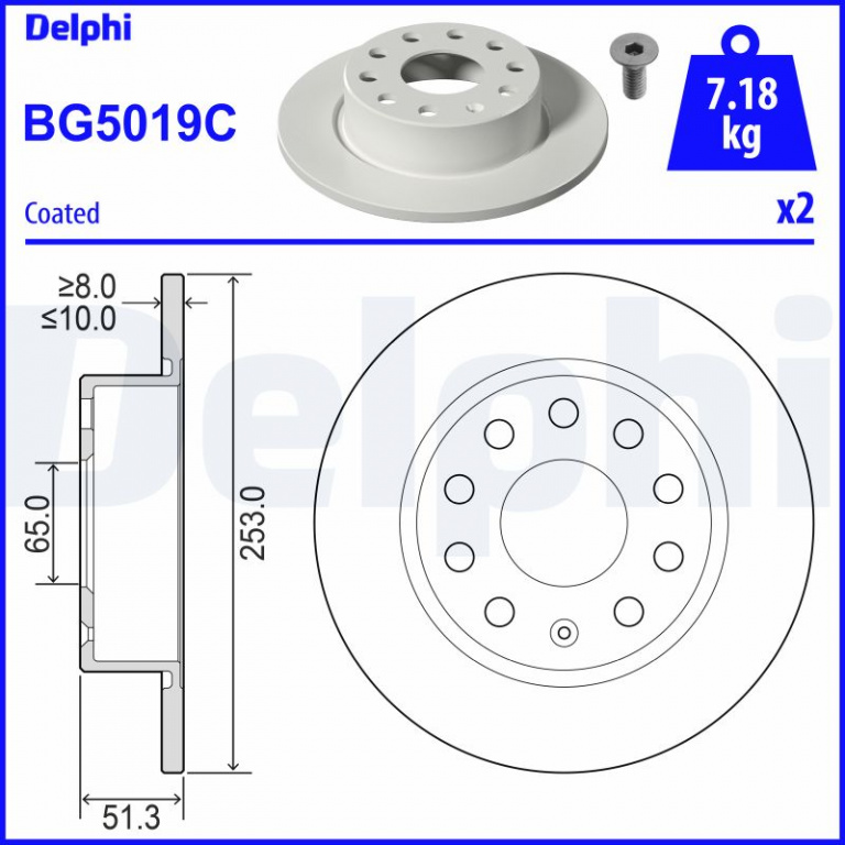 Disc frana DELPHI BG5019C model VW CADDY III Autoutilitara/limuzina spatioasa (2KA, 2KH, 2CA, 2 2004 2005 2006 2007 2008 2009 2010 2011 2012 2013 2014 2015