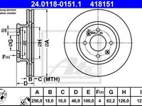 Disc frana HYUNDAI i20 (PB, PBT) (2008 - 2014) ATE 24.0118-0151.1 piesa NOUA