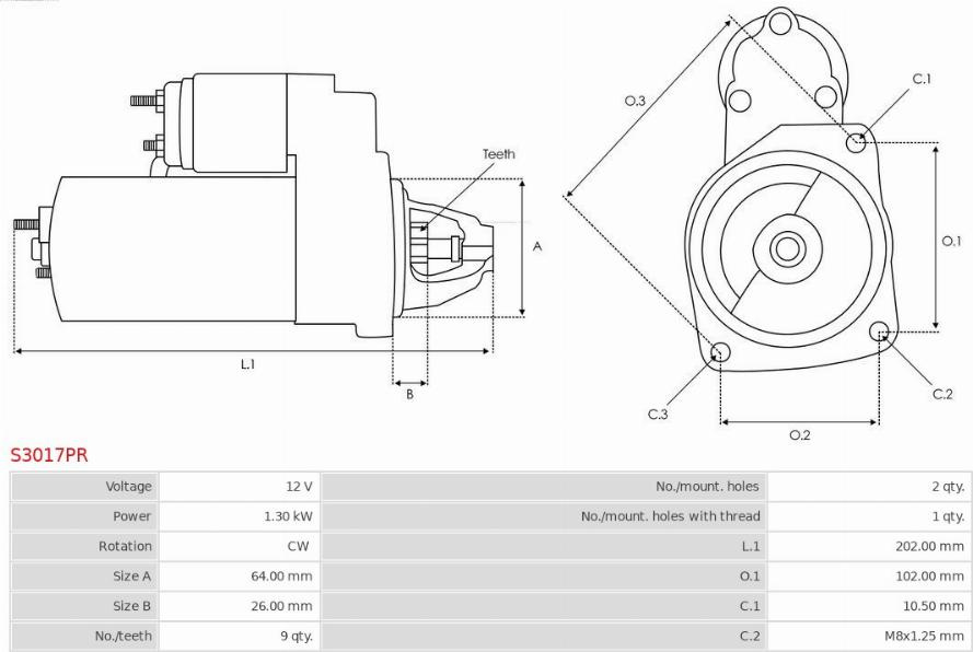 Electromotor OPEL COMBO (COMBO-C) Box/MPV, 10.2001 - AS-PL S3017PR