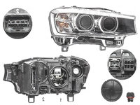 Far Bmw X3 (F25), 03.2014-, X4 (F26), 08.2014-, fata, Dreapta, bi-xenon, cu lumini pentru curbe, cu LED daytime running light, D1S+LED+PY21W, electric, AL (Automotive Lighting)