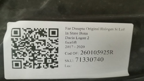Far Dreapta Original Halogen Si Led In Stare Buna Dacia Logan 2 (facelift) 2017 2018 2019 2020 260105925R