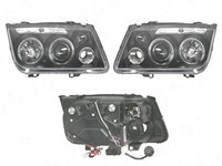 Far Volkswagen Bora (1j5/1jm), 10.1998-11.2005, fata, Stanga+Dreapta, cu optical-fiber parking light, H1+H1+H3, manual/electric, negru, transparent, fara motoras, tuning,