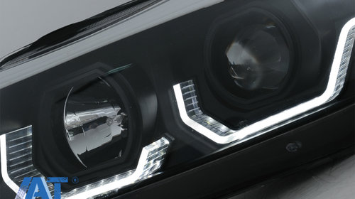 Faruri 3D LED Angel Eyes compatibil cu BMW Seria 3 Limousine E90 Touring E91 (03.2005-08.2008) LHD Negru
