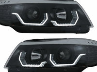 Faruri 3D LED Angel Eyes compatibil cu BMW Seria 3 Limousine E90 Touring E91 (03.2005-08.2008) LHD Negru HLBME90BLED SAN35302