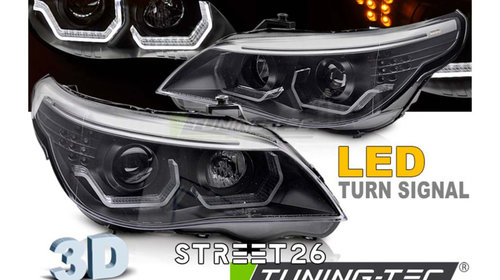 Faruri 3D LED Angel Eyes Compatibil Cu BMW Seria 5 E60 E61 (2003-2007) Negru
