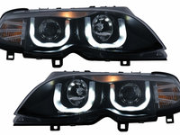 Faruri 3D U LED Angel Eyes compatibil cu BMW Seria 3 E46 Facelift (09.2001-03.2005) Limousine Touring Negru HLBME46FL3DB