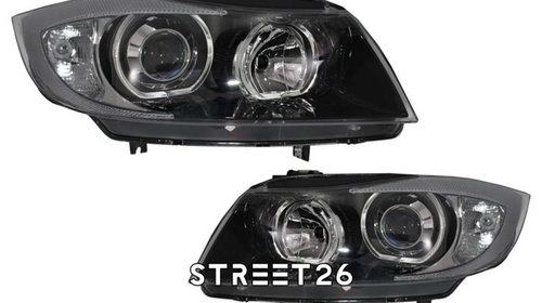 Faruri Compatibil Cu BMW Seria 3 E90 E91 Sedan Touring (2005-2011) Angel Eyes LED Negru