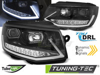 Faruri TUBE LIGHT DRL BLACK Crom look SEQ compatibila VW T6 15-19
