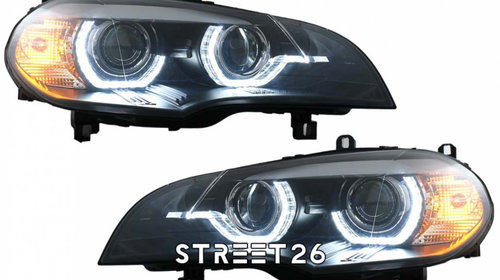 Faruri Xenon Angel Eyes 3D Dual Halo Rims LED DRL Compatibil Cu BMW X5 E70 (2007-2010) Negru