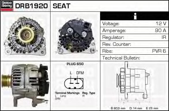Generator / Alternator VW TRANSPORTER / CARAVELLE Mk IV bus (70XB, 70XC, 7DB, 7DW), VW SHARAN (7M8, 7M9, 7M6), VW POLO limuzina (6KV2) - DELCO REMY DR