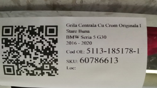 Grila Centrala Cu Crom Originala In Stare Buna BMW Seria 5 G30 2016 2017 2018 2019 2020 5113-185178-11