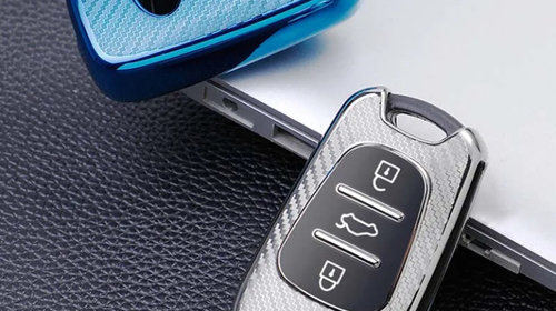 Husa albastru carbon pentru cheie briceag Kia Sportage Rio 3 Soul Picanto Ceed Pro K5 K2 Hyundai i20 i30 ix20