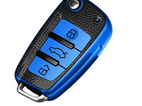 Husa albastru cu insertii piele pentru cheie briceag Audi A3 8L 8P A4 A6 C5 C6 4F RS3 Q3 Q7 TT 8L 8V S3