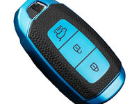 Husa albastru cu insertii piele pentru cheie Hyundai i30 ix35 ix25 Elantra KONA Solaris Accent Santa Fe Azera