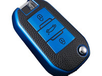 Husa albastru cu insertii piele pentru cheie briceag Peugeot 208 2008 308 3008 408 508 107 301 Citroen C4