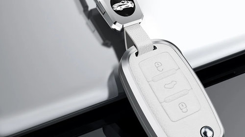 Husa aluminiu alb cu piele pentru cheie briceag VW Polo Bora Jetta Tiguan Passat Golf Skoda Octavia Superb